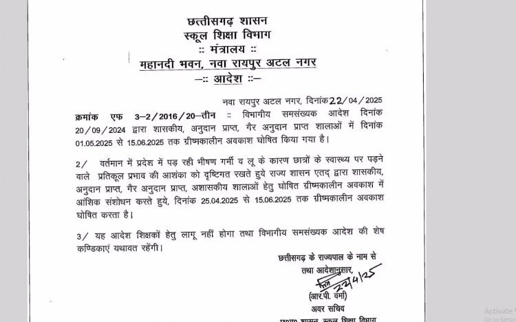भीषण गर्मी को देखते हुए 25 अप्रैल से स्कूलों में गर्मी छुट्टी का ऐलान