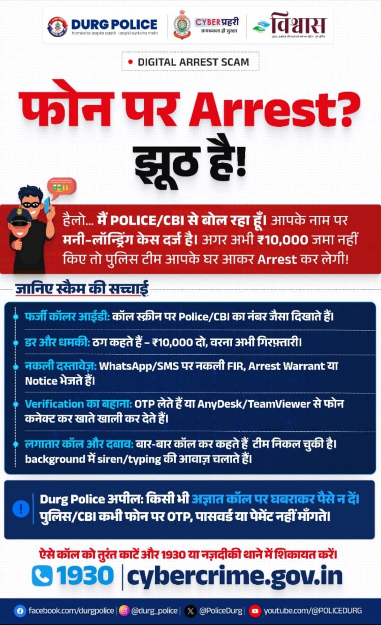 DURG POLICE ALERT: “फोन पर Arrest” का झूठा साइबर स्कैम – आम नागरिक सतर्क रहें