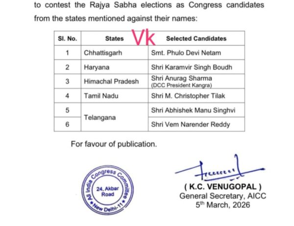 राज्यसभा चुनाव 2026: कांग्रेस ने छत्तीसगढ़ से फूलो देवी नेताम को बनाया उम्मीदवार