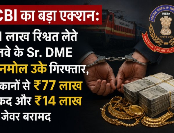 CBI का बड़ा एक्शन: ₹1 लाख रिश्वत लेते रेलवे के Sr. DME अनमोल उके गिरफ्तार, ठिकानों से ₹77 लाख नकद और ₹14 लाख के जेवर बरामद