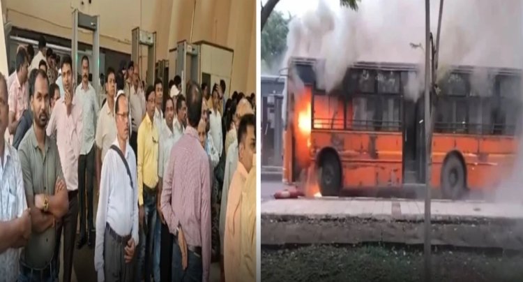 नवा रायपुर में स्टाफ बस में आग से भड़का कर्मचारियों का गुस्सा, पुरानी बसों की फिटनेस पर उठे सवाल